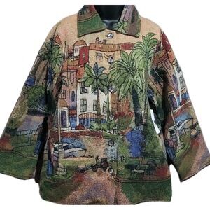 Michael Leu Art to Wear Tapestry-Style Jacket City Scene 1X Button Front Funky